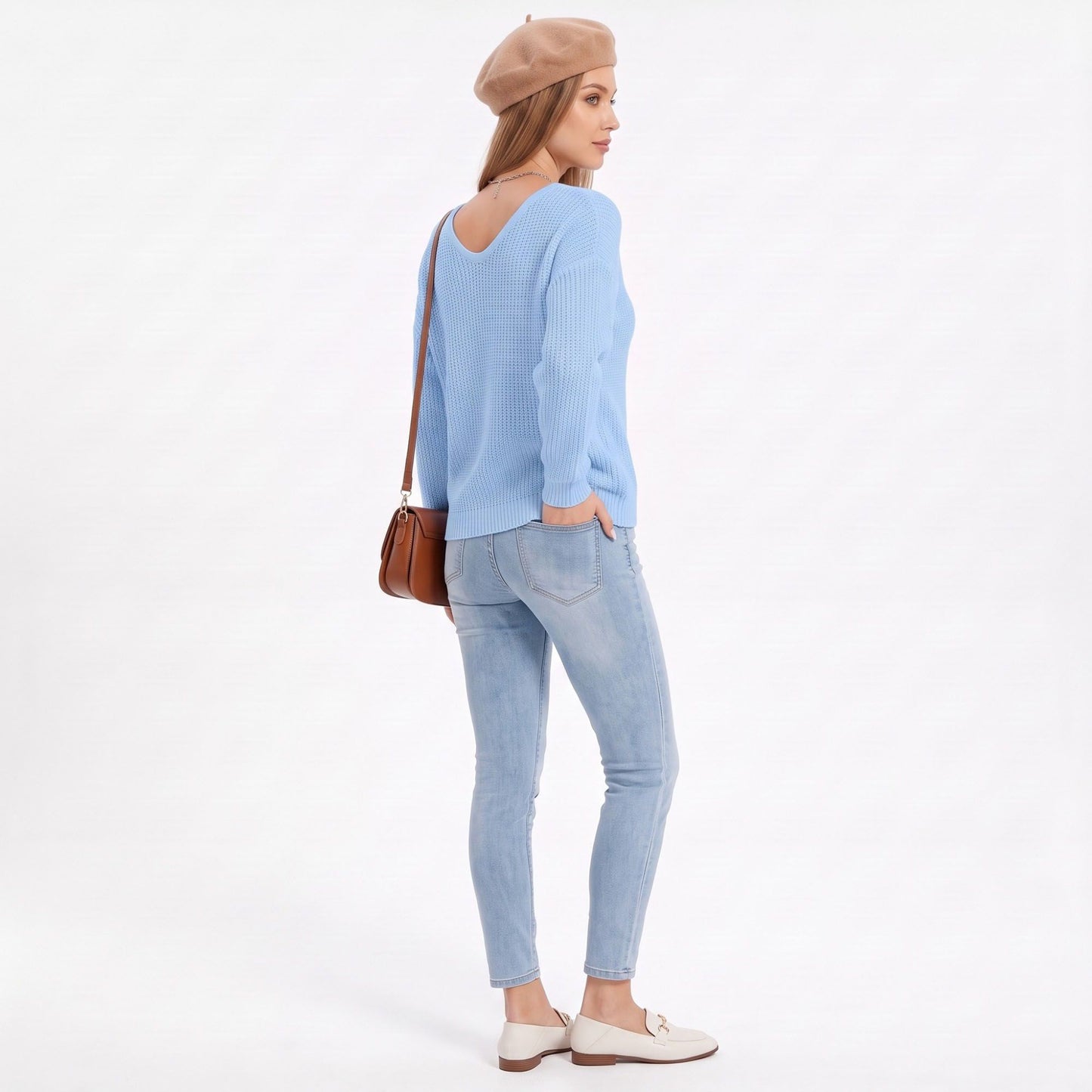 V Neck Textured Knit Pullover Sweater with Long Sleeves