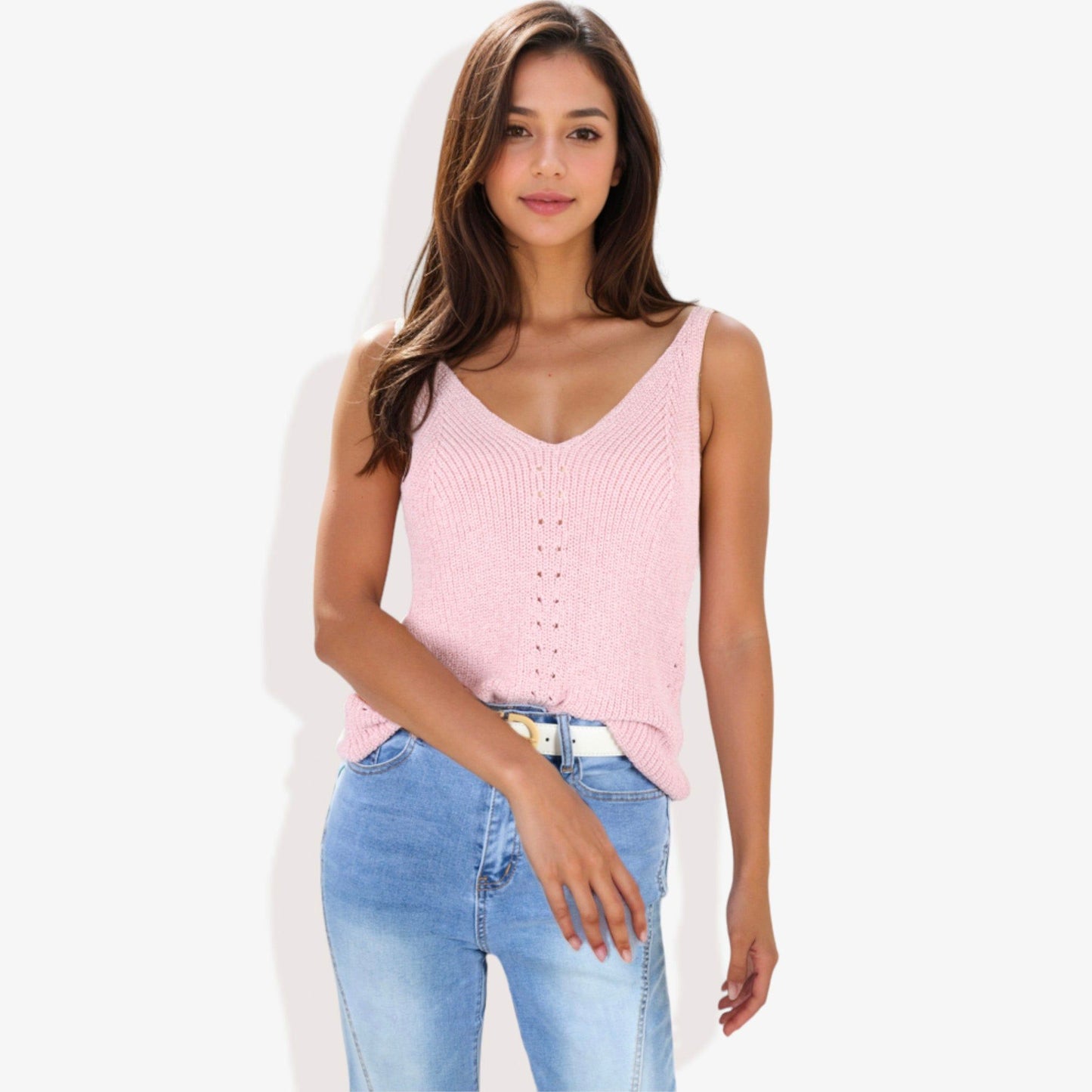 V-Neck Knit Tank Top With Eyelet Detail