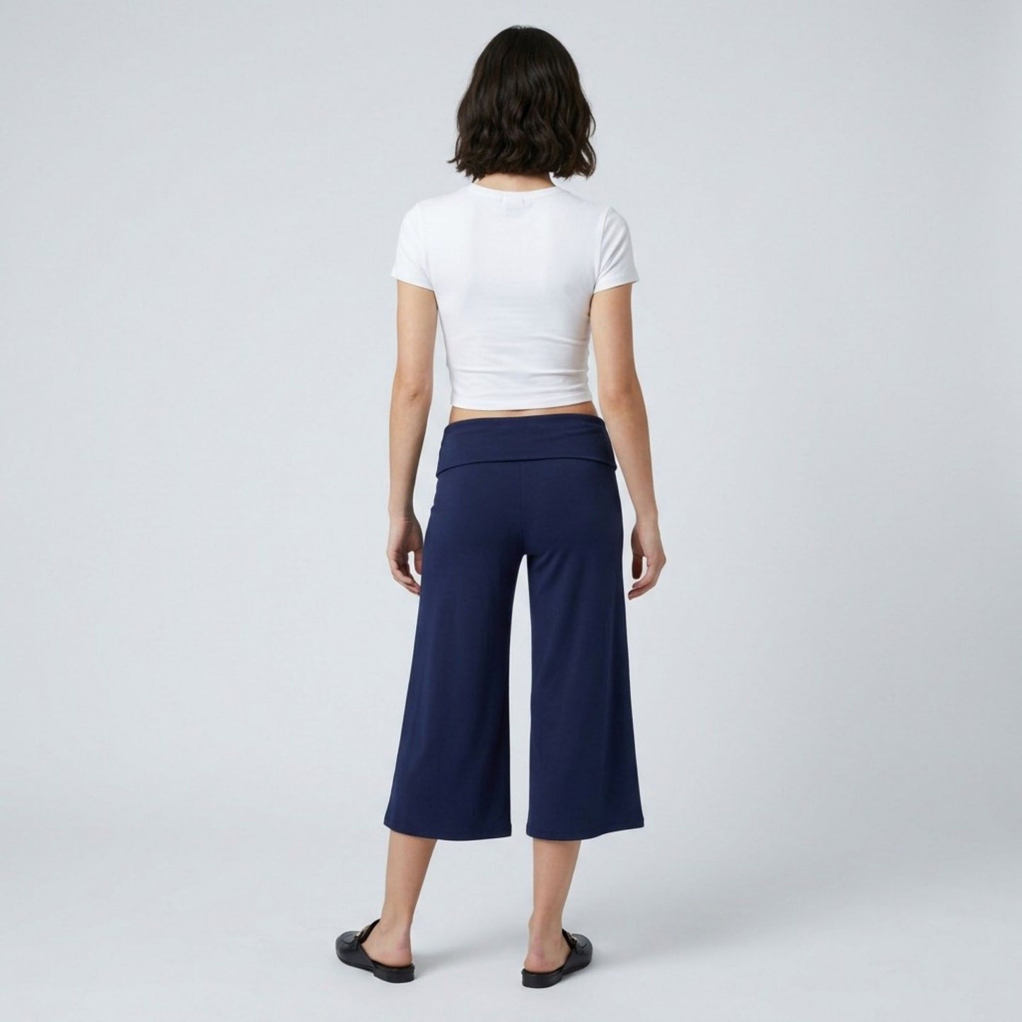 Foldover Waistband Cropped Wide-Leg Trousers