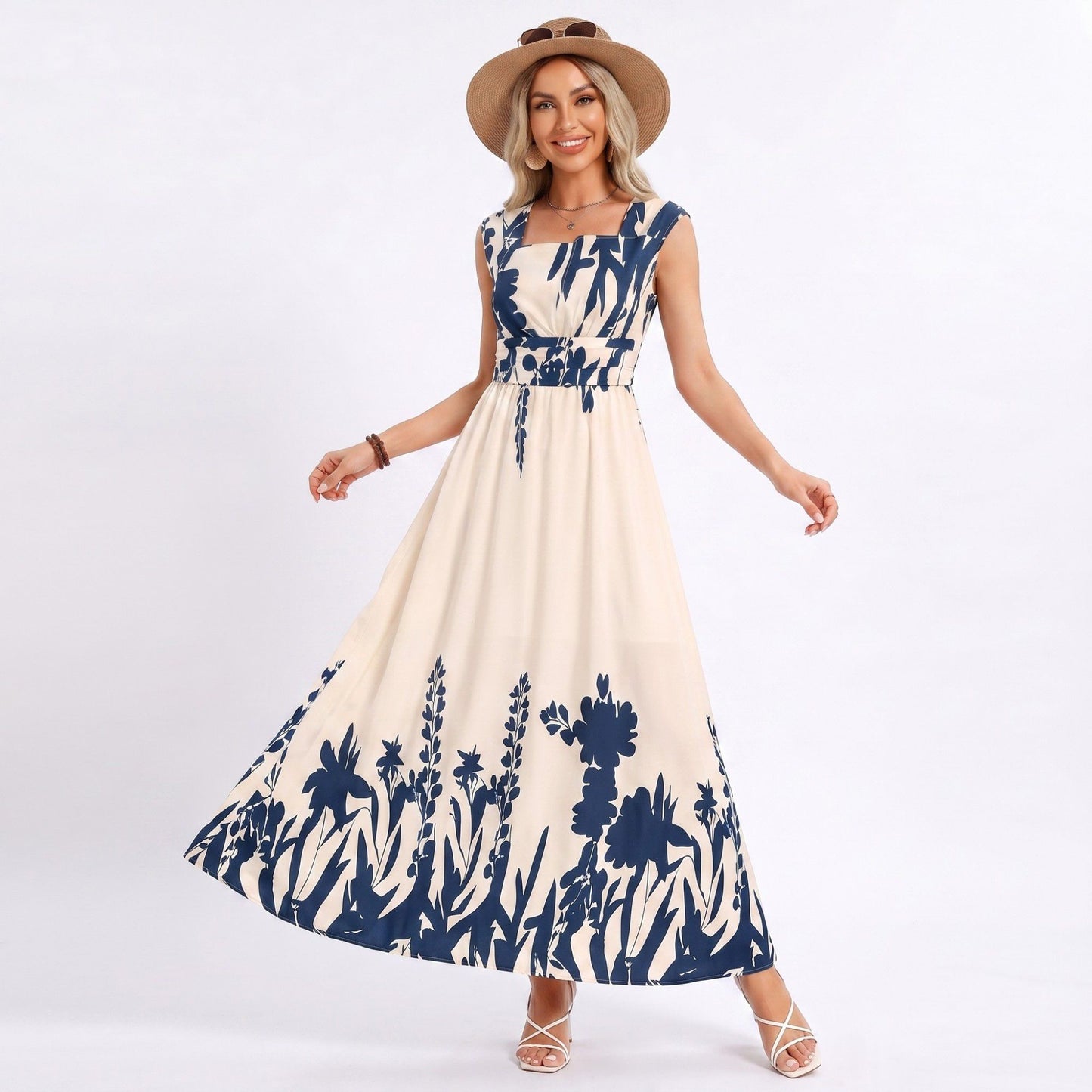 Border Print Maxi Dress Square Neck Sleeveless A Line Dress