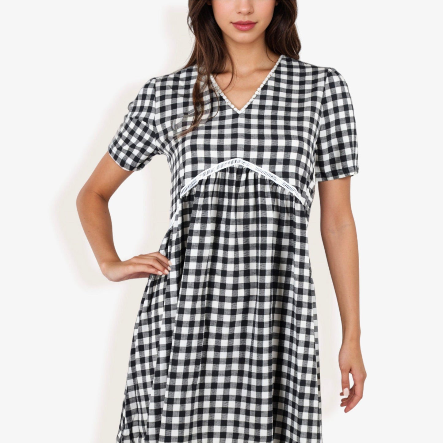 Gingham V-Neck Short Sleeve Dress Empire Waist Lace Trim