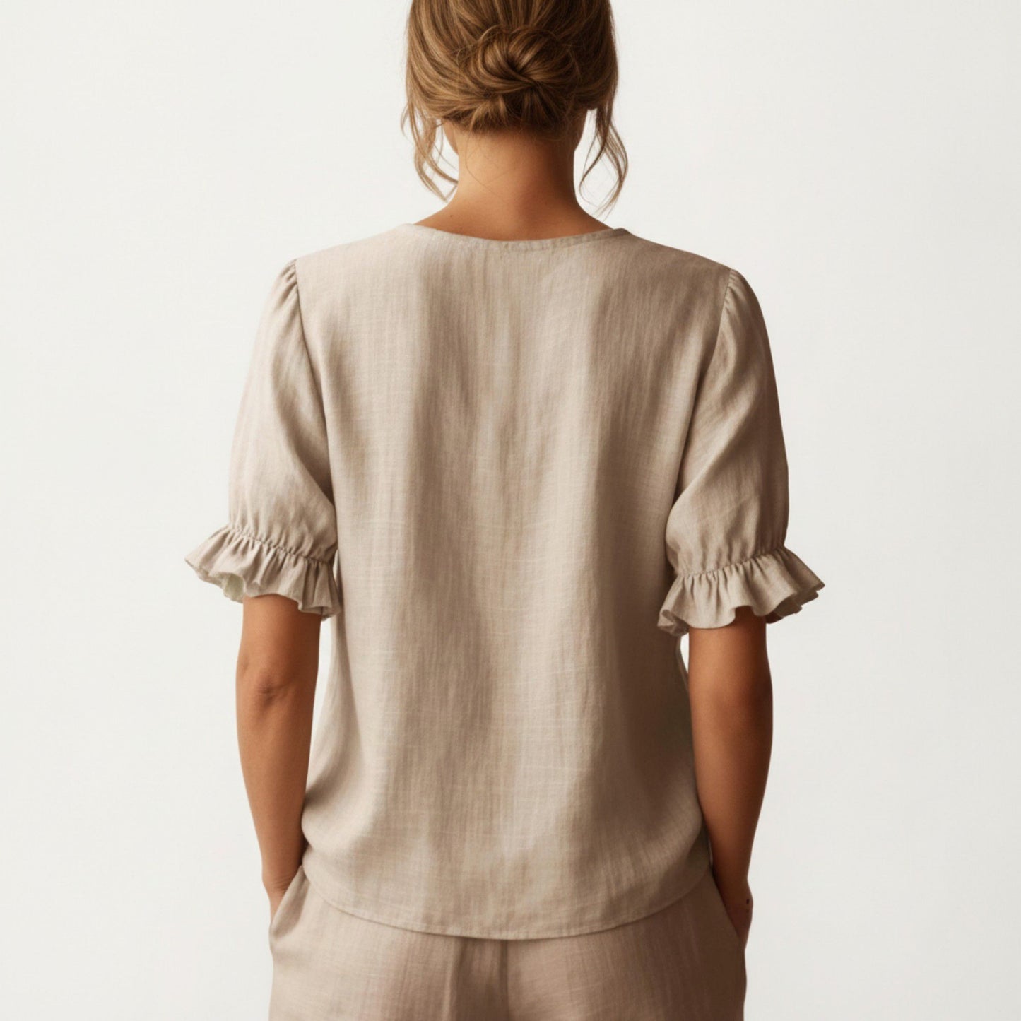 Ruffle Neck Blouse with Short Puff Sleeves and Textured Linen-Like Fabric