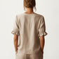 Ruffle Neck Blouse with Short Puff Sleeves and Textured Linen-Like Fabric