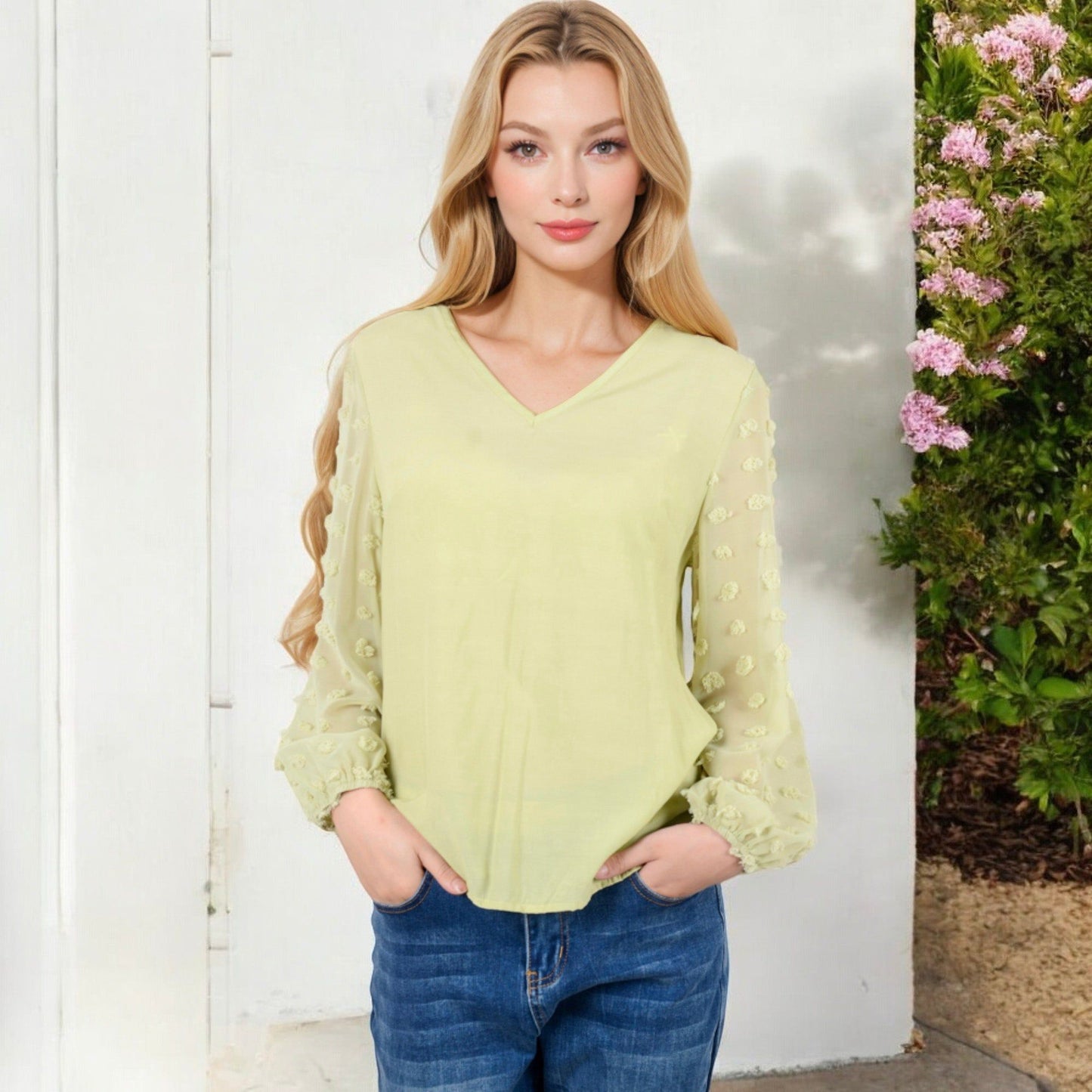 Sheer Sleeve V-Neck Blouse with Delicate Dot Embroidery