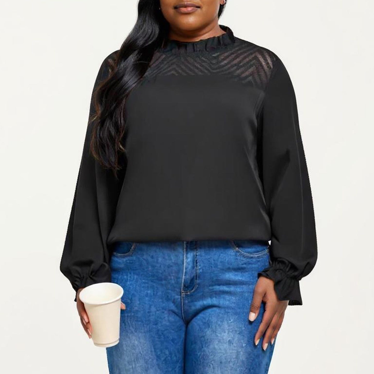 Plus Size Long Sleeve High Neck Pullover Blouse with Textured Sheer Yoke and Gathered Cuffs