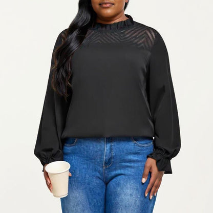 Plus Size Long Sleeve High Neck Pullover Blouse with Textured Sheer Yoke and Gathered Cuffs