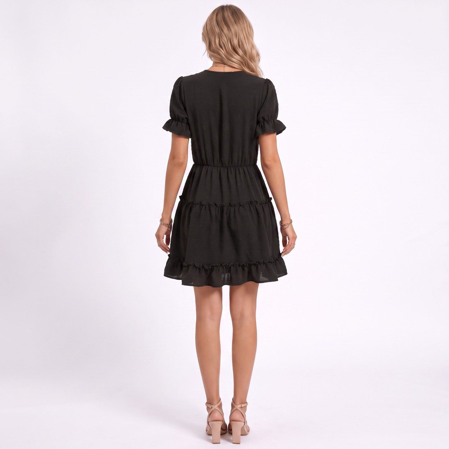 Swiss Dot V-Neck Lace Trim Tiered Ruffle Mini Dress