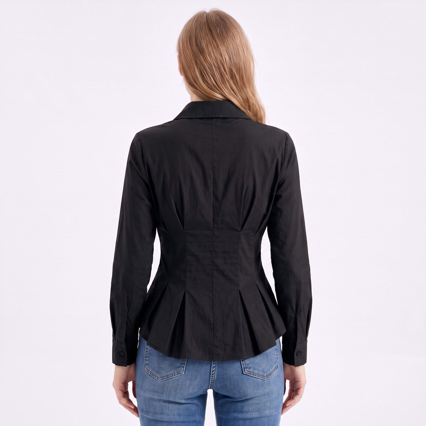 Long Sleeve Button Down Peplum Shirt with Collared Neckline