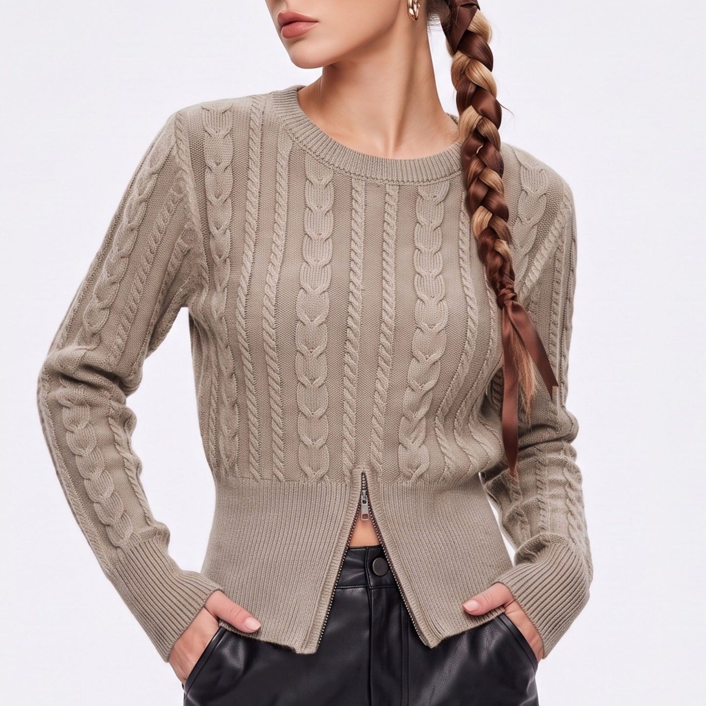Cable Knit Crewneck Sweater with Front Zipper