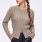 Cable Knit Crewneck Sweater with Front Zipper