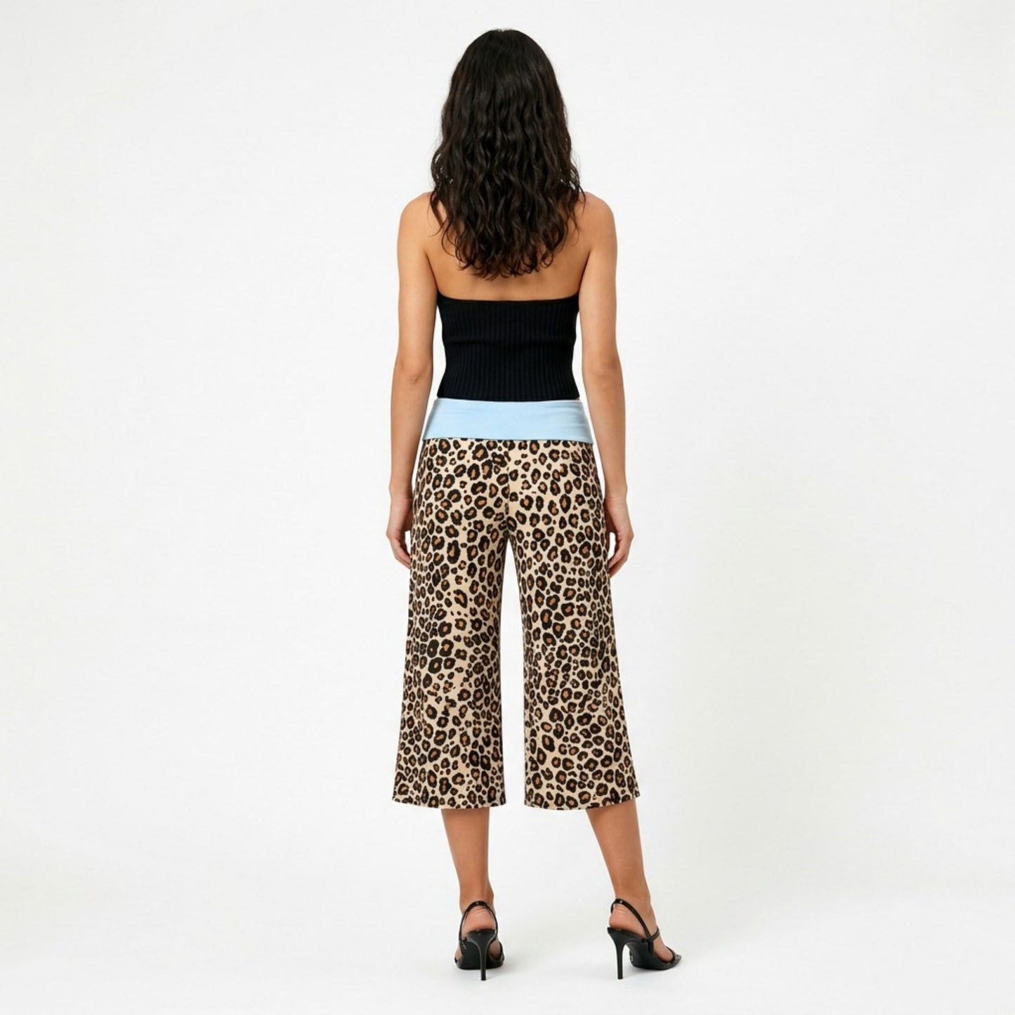 Contrast Foldover Waistband Leopard Print Cropped Trousers