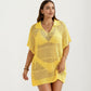 Mesh Swim Cover Up Dress with Open Knit Design Collared Neckline Short Sleeves Relaxed Fit