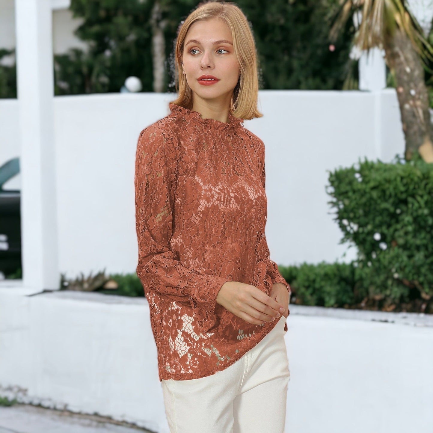 Layering Lace Puffed Sleeve Sheer Top