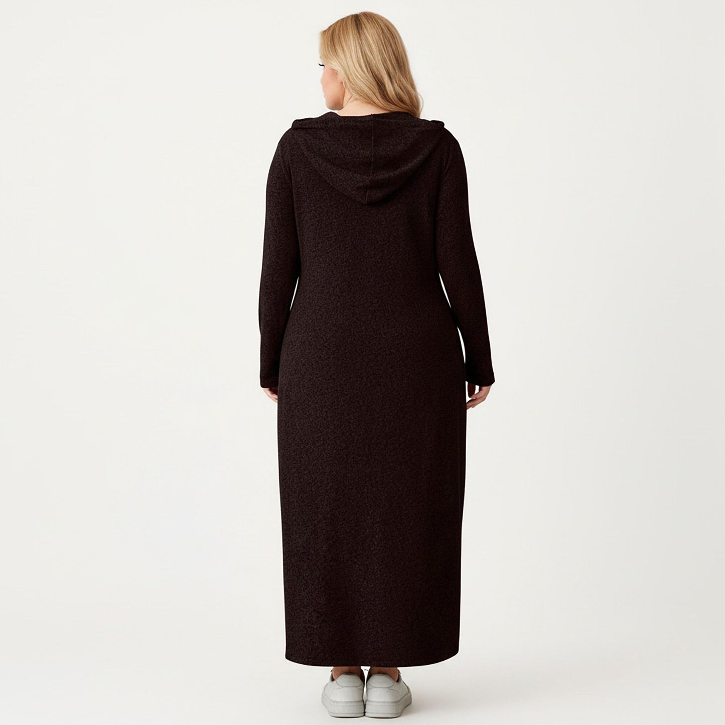 Plus Size Long Sleeve Hooded Maxi Dress with Relaxed Fit Silhouette and Soft Flowy Hem