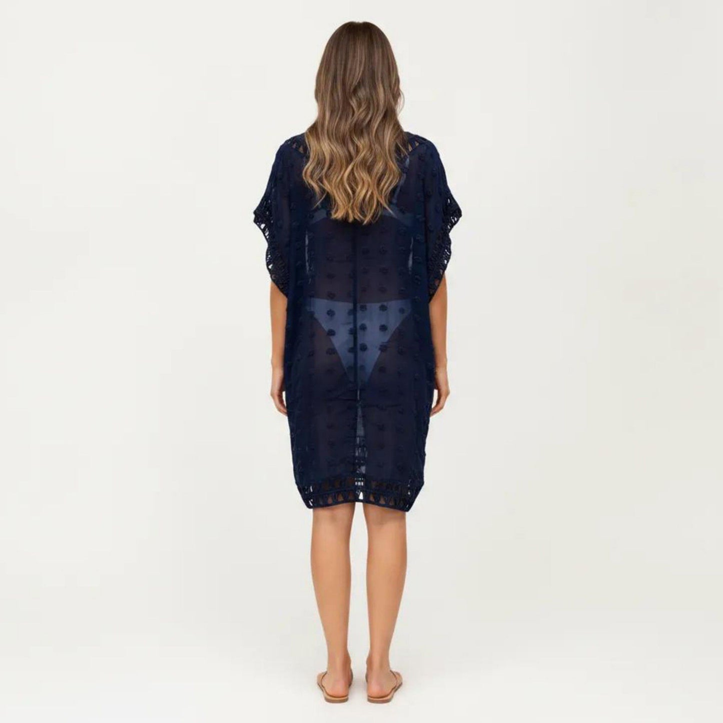 Sheer Crochet Trim Cover Up Dress with Tassel Detail Relaxed Fit and Short Sleeves