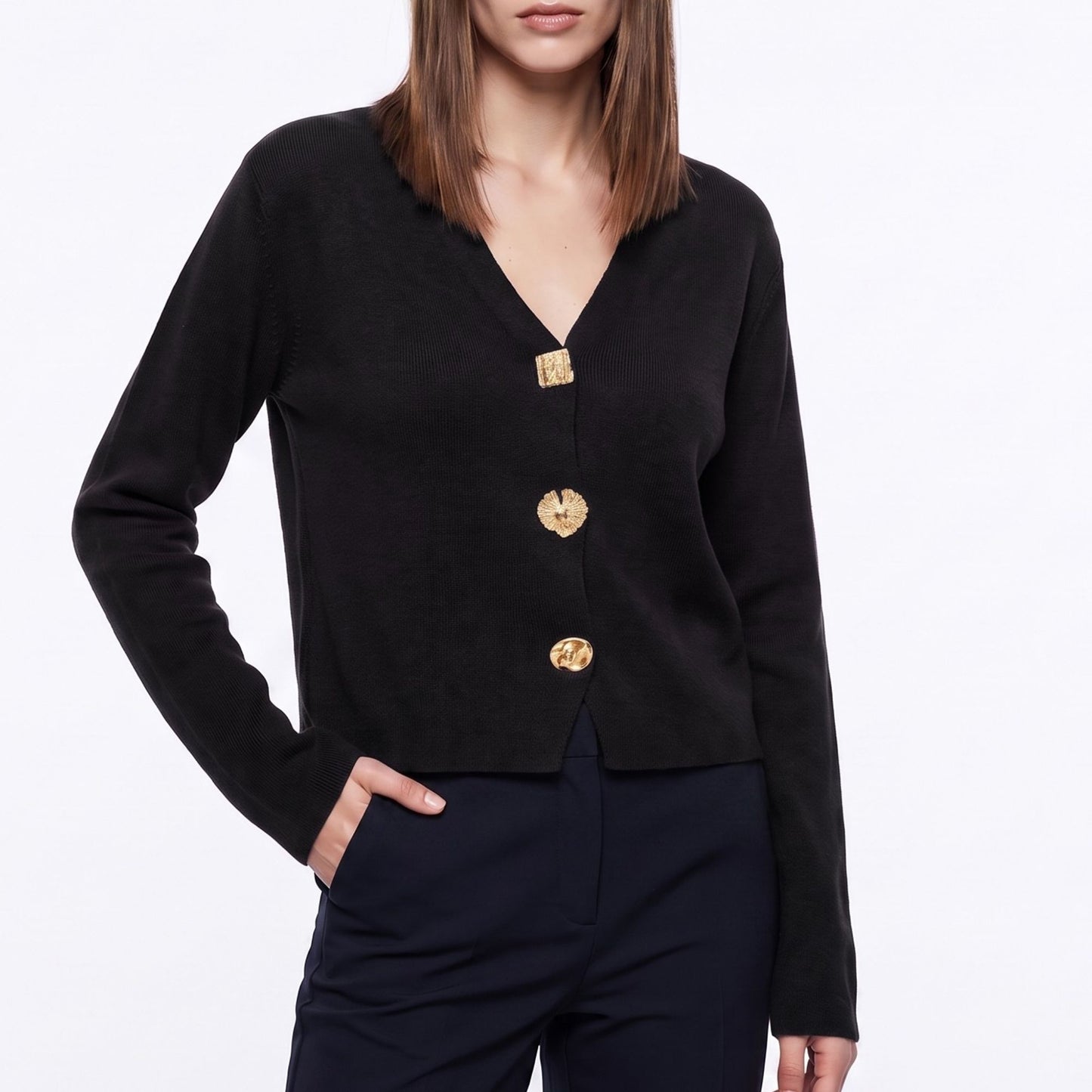 V Neck Decorative Gold Button Knit Cardigan Sweater