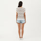 Short Sleeve Striped Open Knit Top with Button Shoulder Detail and Relaxed Fit
