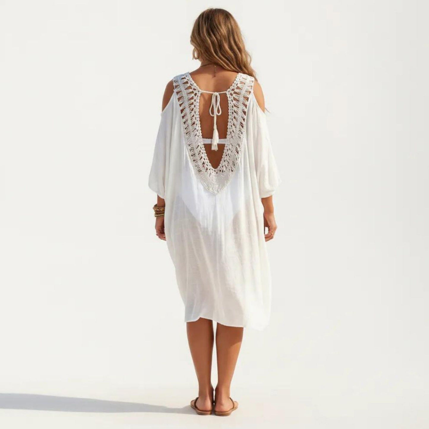 Crochet V Neck Swim Cover Up Dress with Cold Shoulder Sleeves and Relaxed Fit