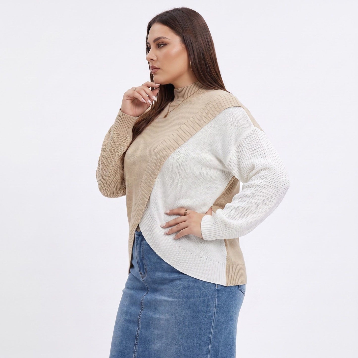 Plus Size Colorblock Mock Neck Asymmetrical Hem Sweater