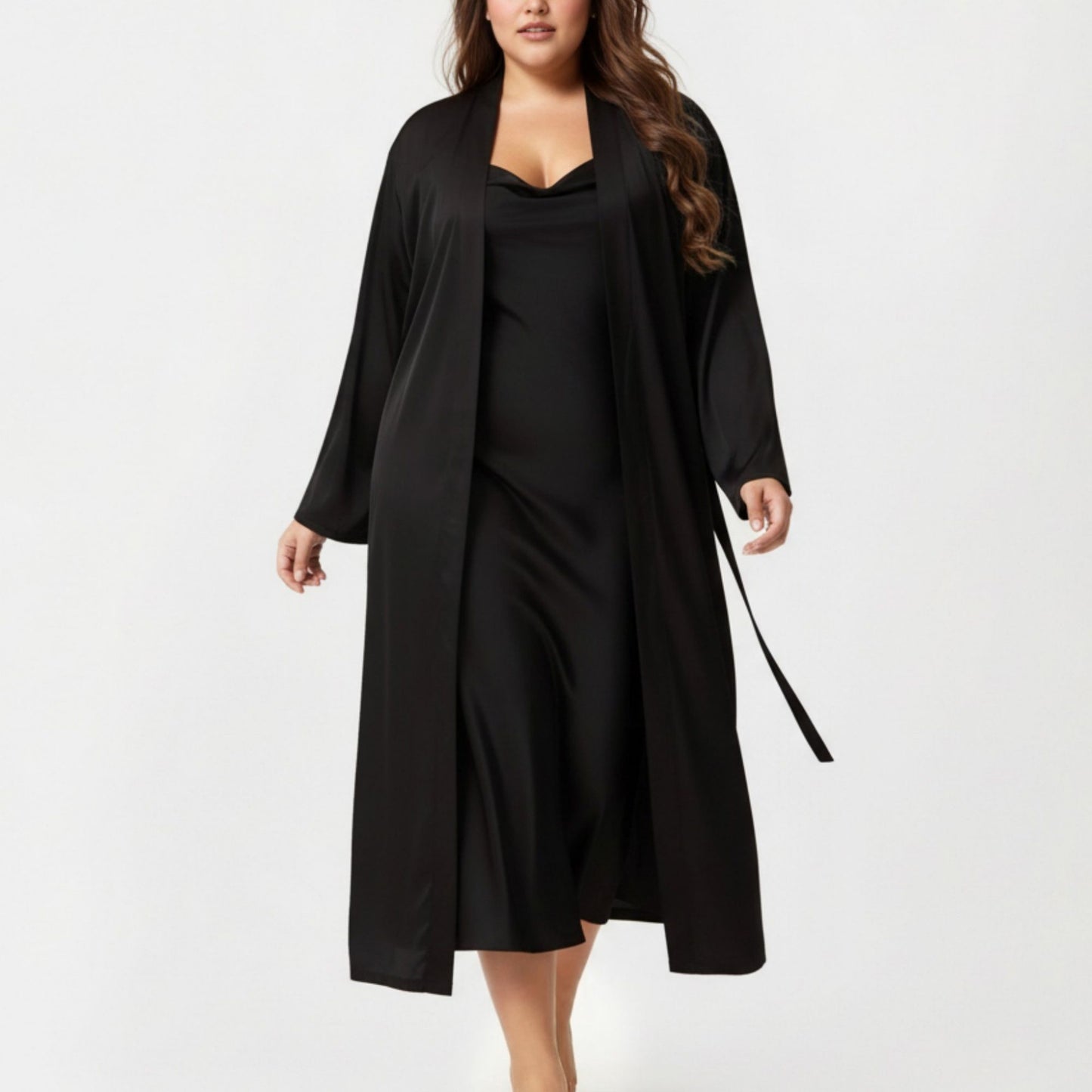 Plus Size 2-Piece Satin Nightgown Set with Long Sleeve Open Front Robe Sleeveless Slip Dress Sleepwear