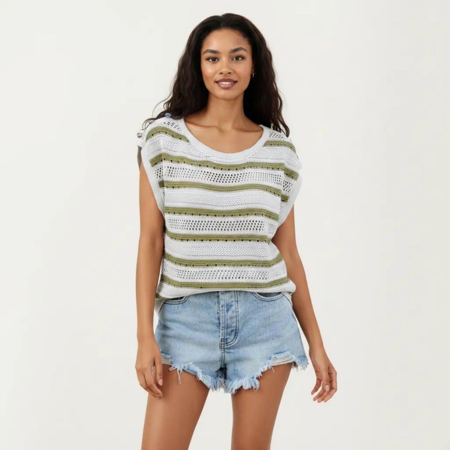 Short Sleeve Striped Open Knit Top with Button Shoulder Detail and Relaxed Fit