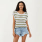 Short Sleeve Striped Open Knit Top with Button Shoulder Detail and Relaxed Fit