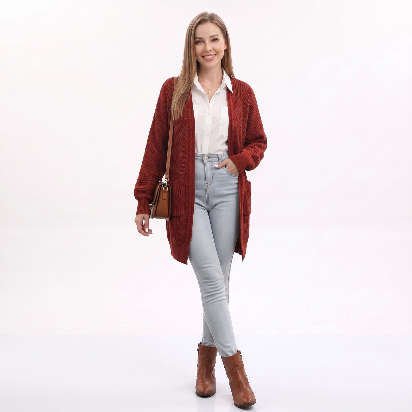 Long Open Front Knit Cardigan with Pockets