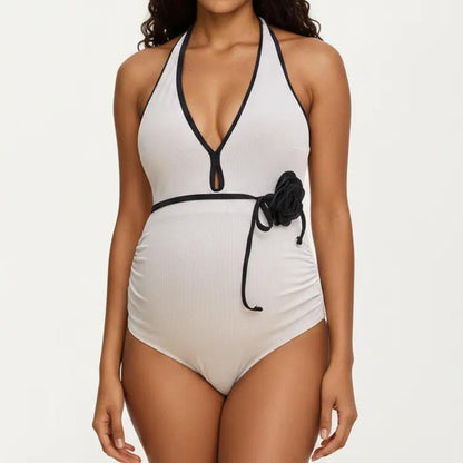 Maternity Ribbed One-Piece Swimsuit with Halter Neckline and Floral Tie Waist