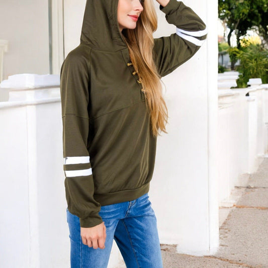 Button-Front Hoodie with Stripe Sleeve Detail Relaxed Fit