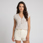 Striped Knit V-Neck Henley Top Button Front Cap Sleeve Sweater