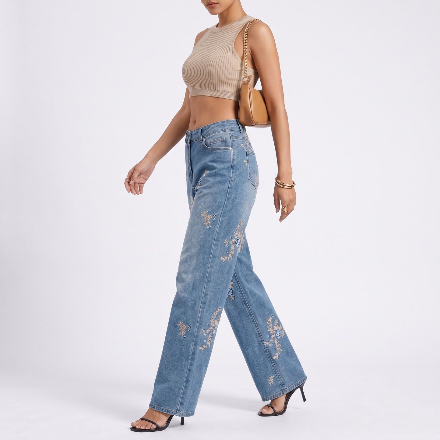Floral Embroidered Wide Leg Jeans High Rise Relaxed Denim Pants
