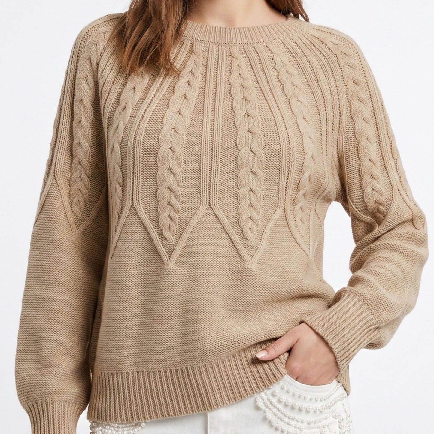 Cable Knit Crew Neck Long Sleeve Pullover Sweater