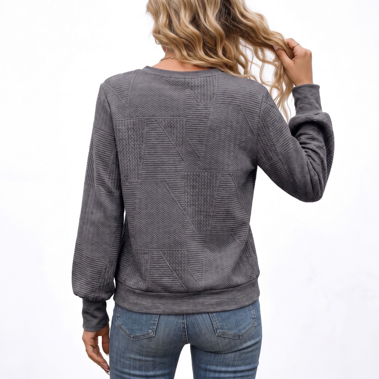 Textured Long Sleeve Crew Neck Pullover Top