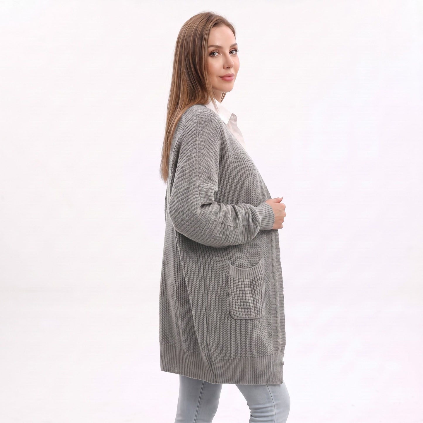 Long Open Front Knit Cardigan with Pockets