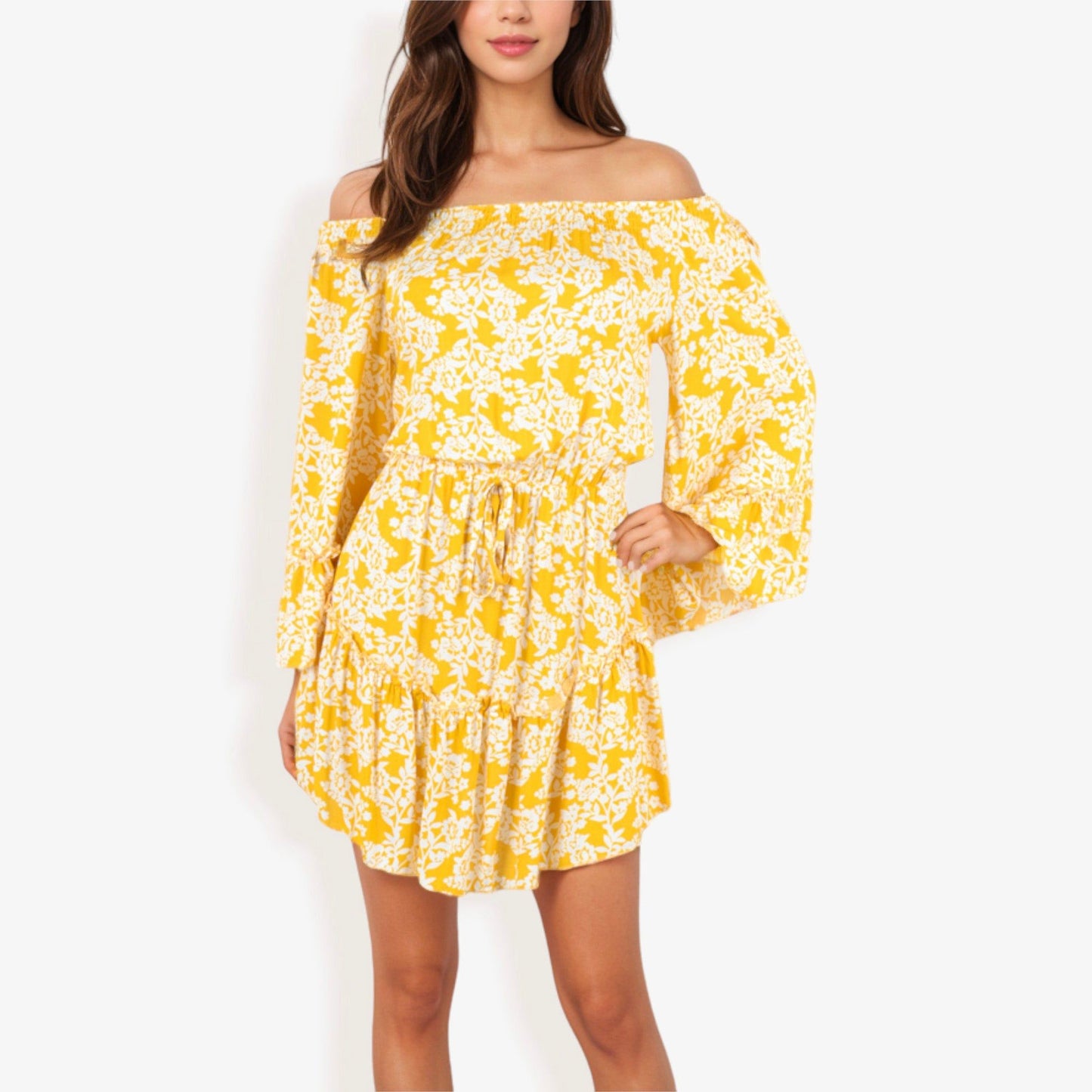 Off Shoulder Floral Print Dress Balloon Sleeves Ruffle Hem