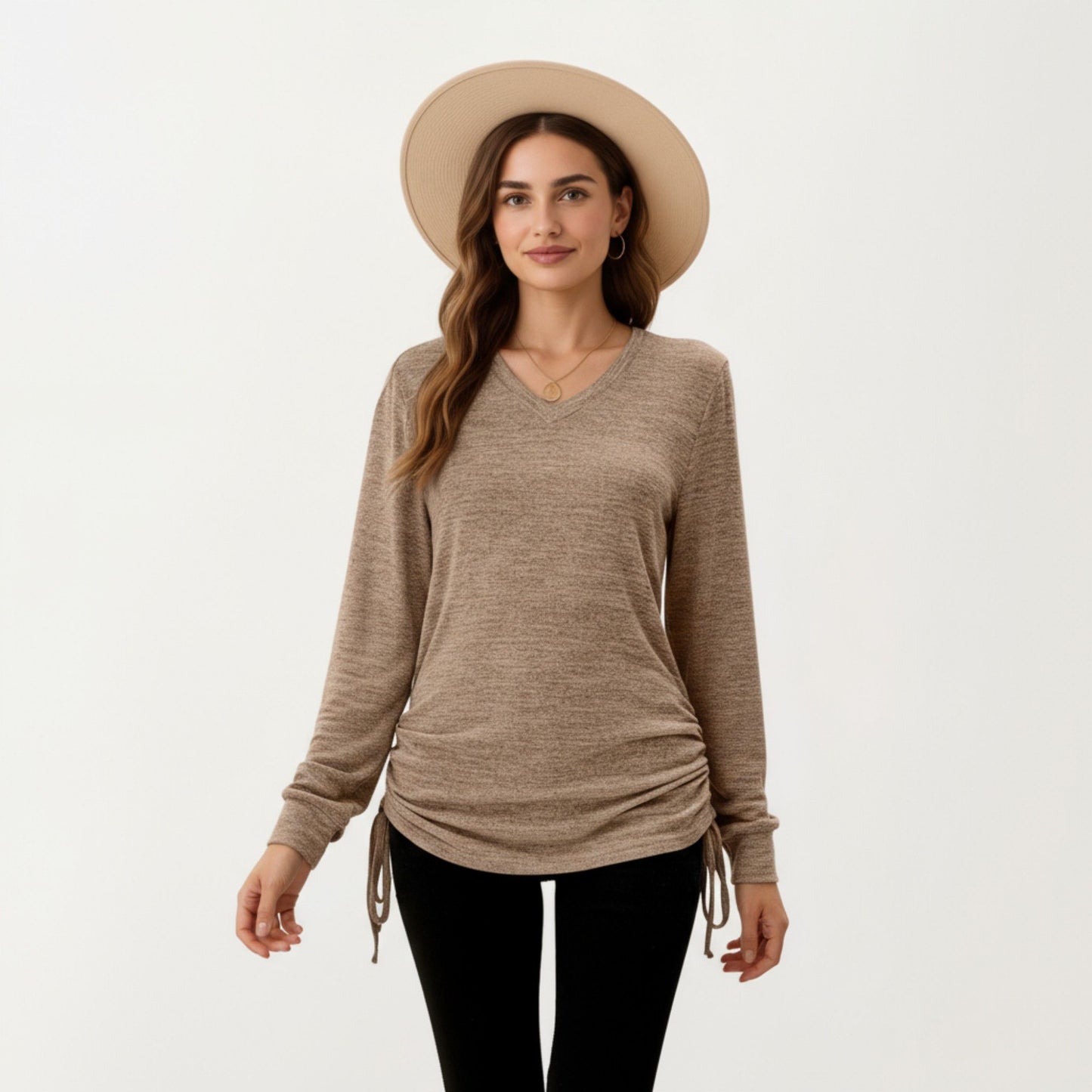 Long Sleeve V-Neck Top with Side Drawstring Ruched Hem