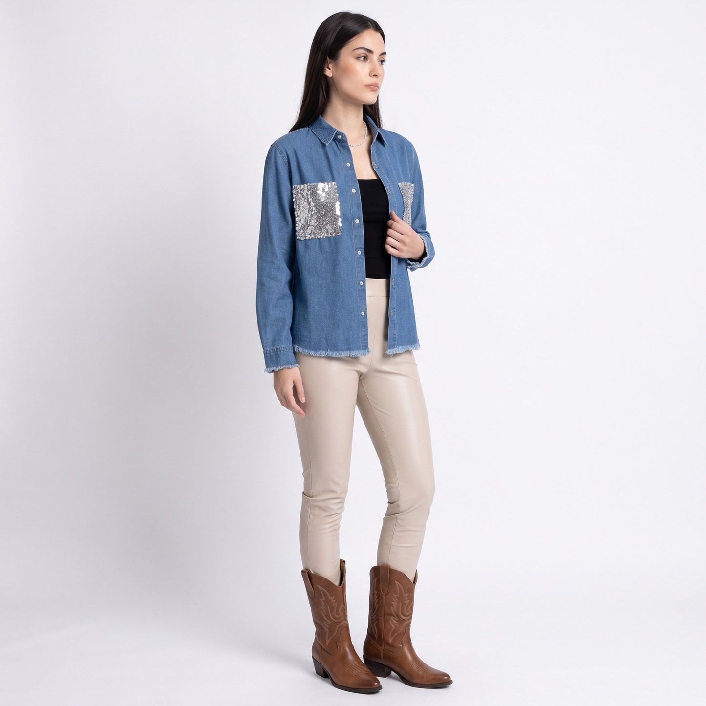 Sequin Denim Shirt Jacket Button Front Long Sleeve Frayed Hem Shacket