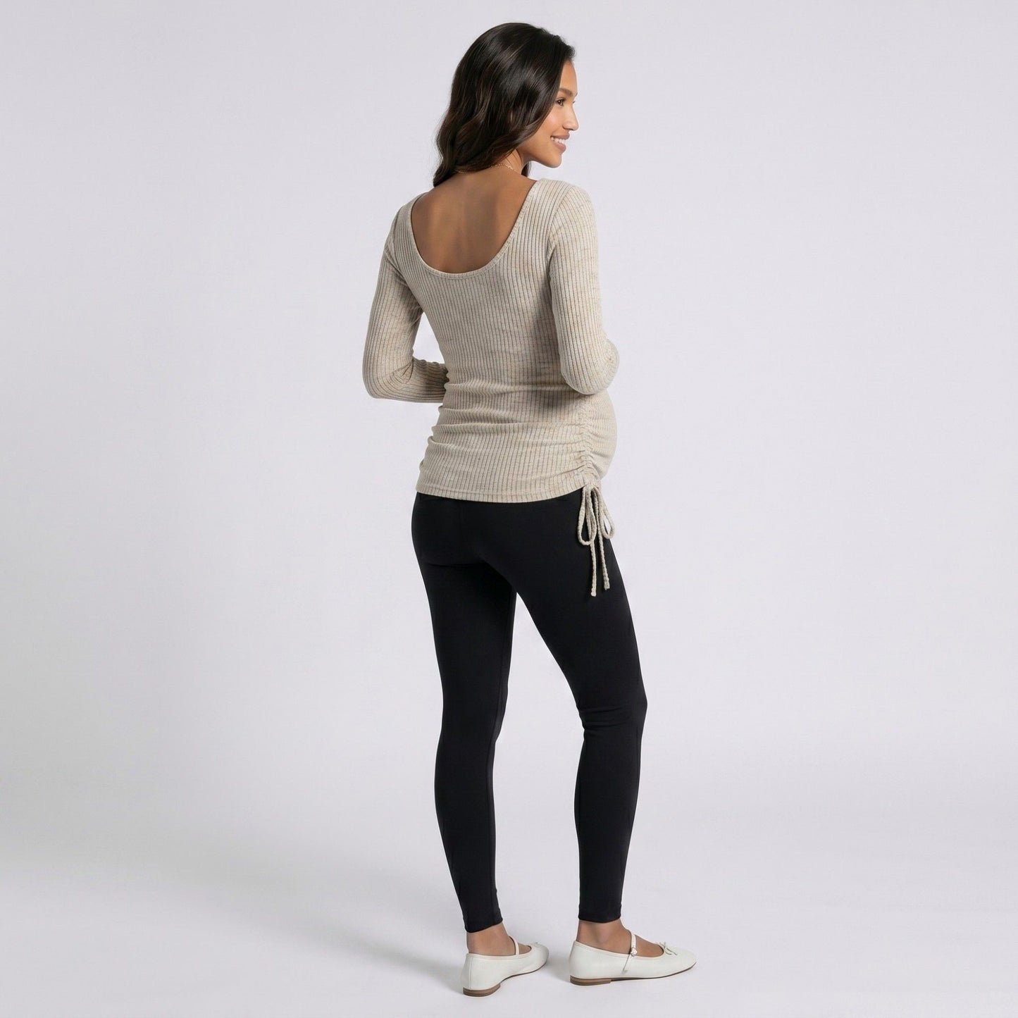 Maternity Ribbed Long Sleeve Top with Scoop Neck and Side Ruched Tie Detail