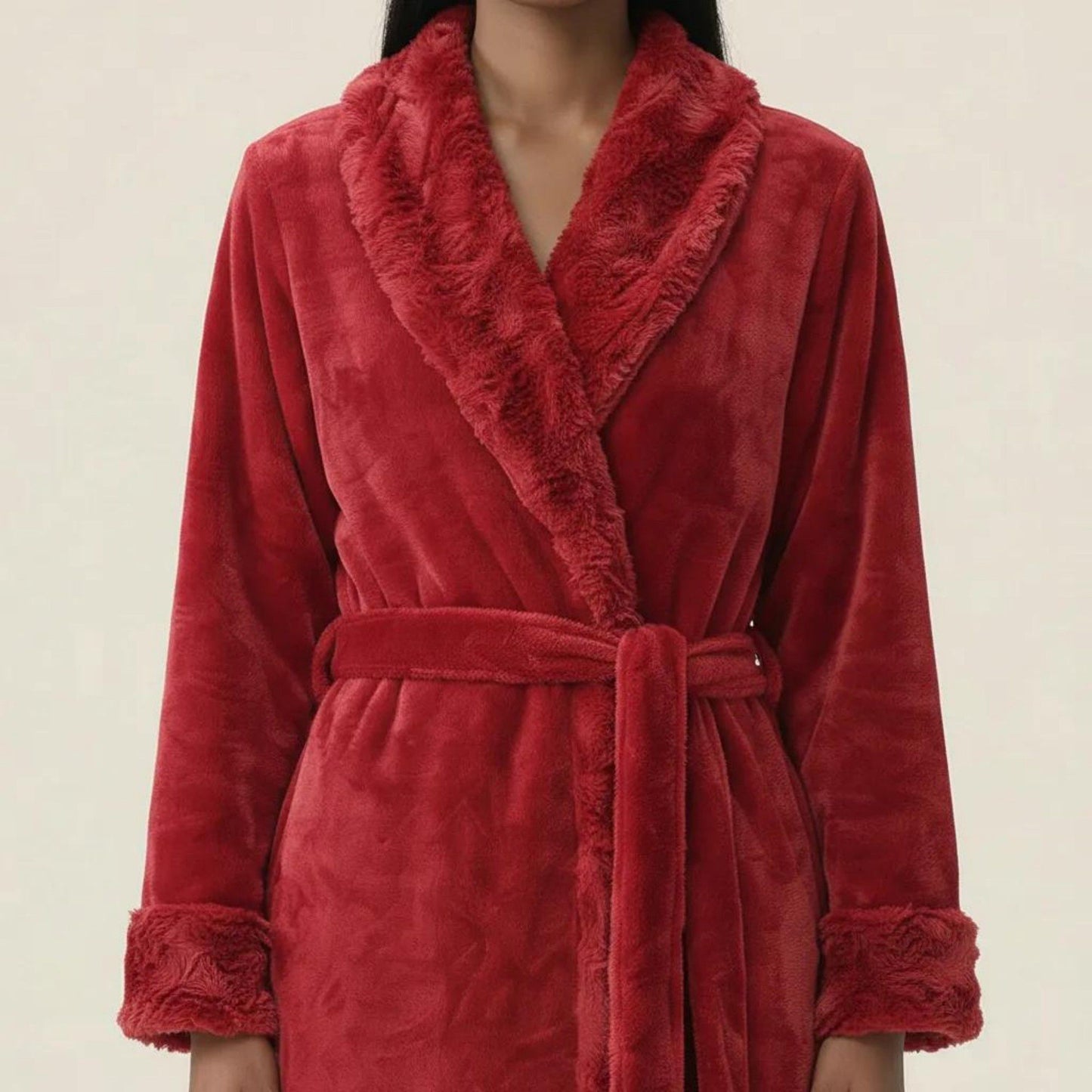Plush Bathrobe with Shawl Collar, Self Tie Belt and Faux Shearling Trim