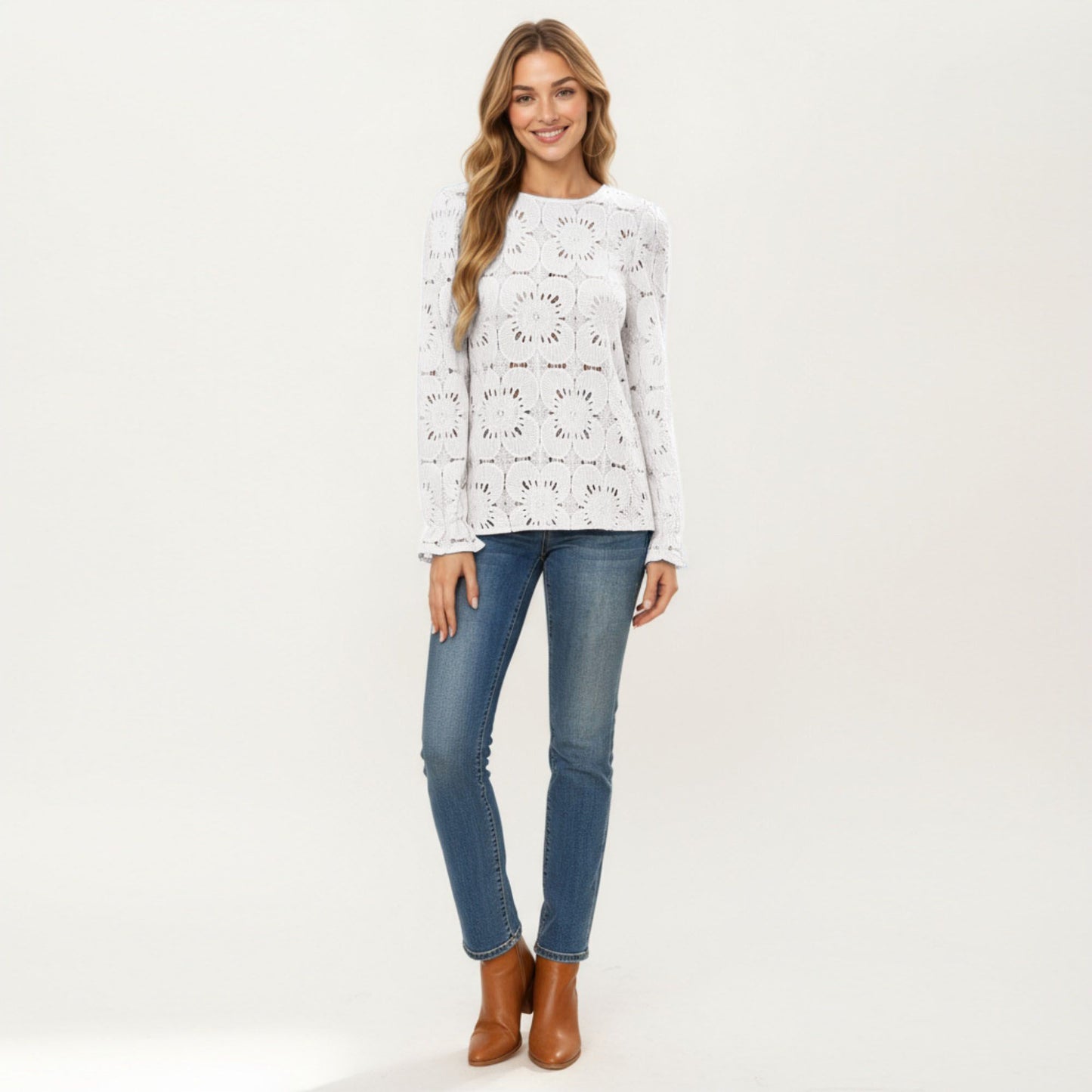 Floral Lace Long Sleeve Top with Intricate Openwork Pattern Soft Textured Fabric and Ruffled Cuff Detailing