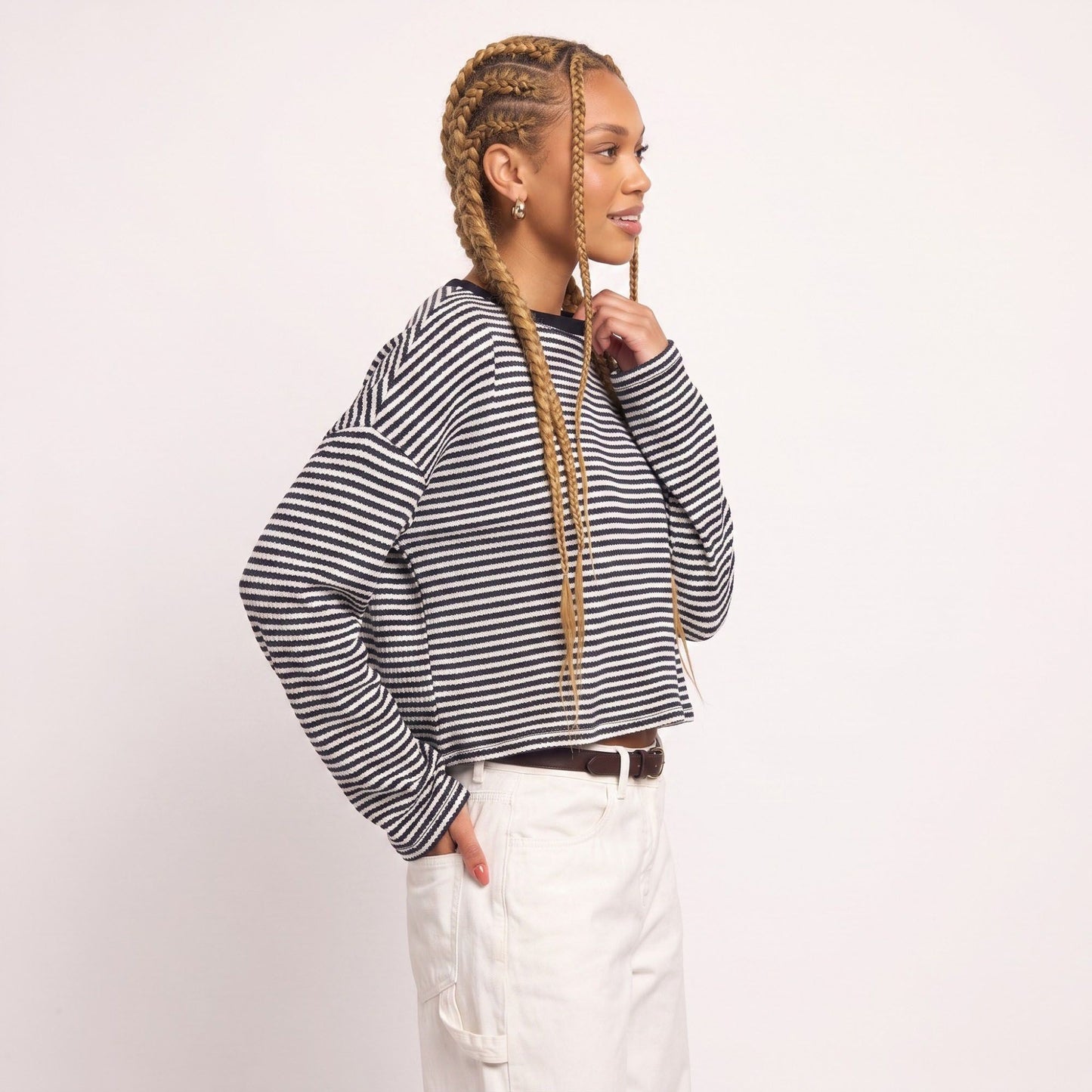 Striped Textured Knit Drop Shoulder Cropped Sweater