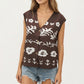 Sleeveless Floral Knit Vest Top with V-Neck Front and Button Detail