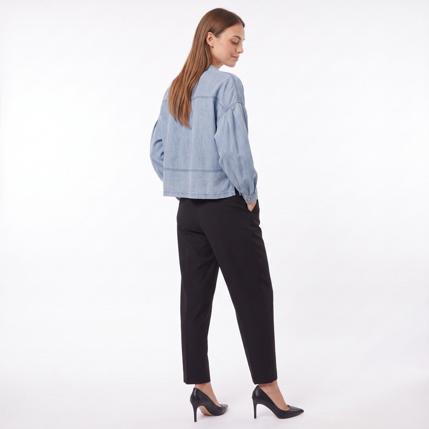 Long Sleeve Denim Pullover Top Split Neck Relaxed Fit Blouse