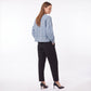 Long Sleeve Denim Pullover Top Split Neck Relaxed Fit Blouse