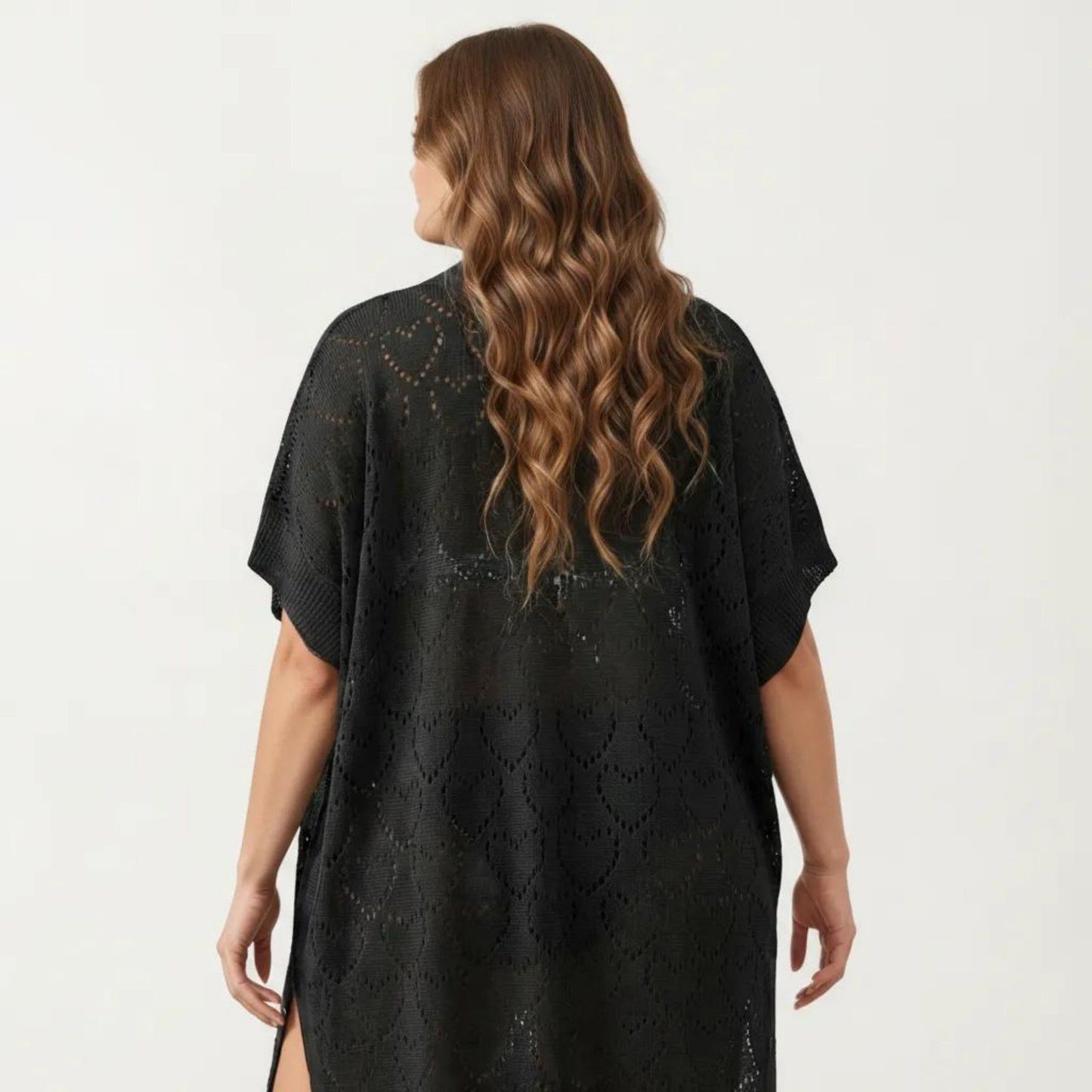 Open Front Knit Cardigan with Heart Pointelle Pattern Short Sleeves Relaxed Mid Length Fit
