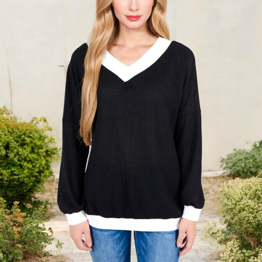 V-Neck Waffle Knit Long Sleeve Top Contrast Trim Relaxed Fit