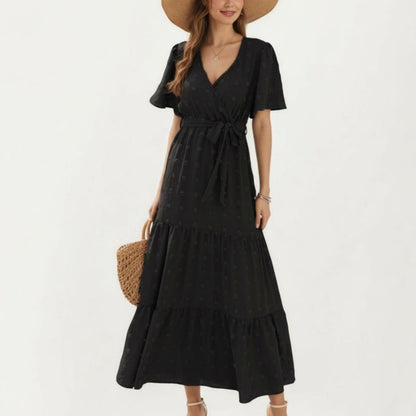Short Sleeve Maxi Dress with Wrap Front Waist Tie and Tiered Skirt