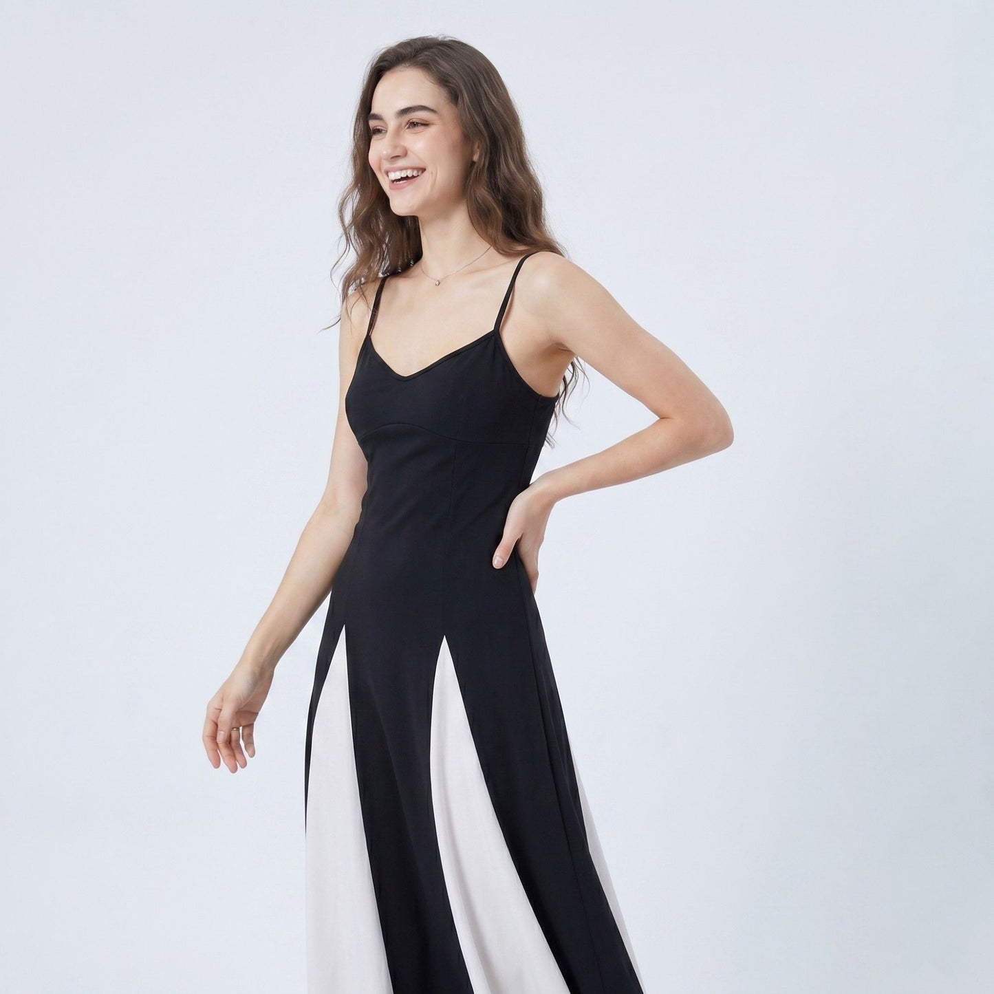 Spaghetti Strap Colorblock Fit and Flare Midi Dress