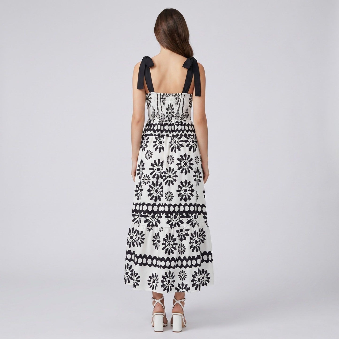 Tie Shoulder Square Neck Midi Dress Black and White Floral Smocked Tiered Sundress