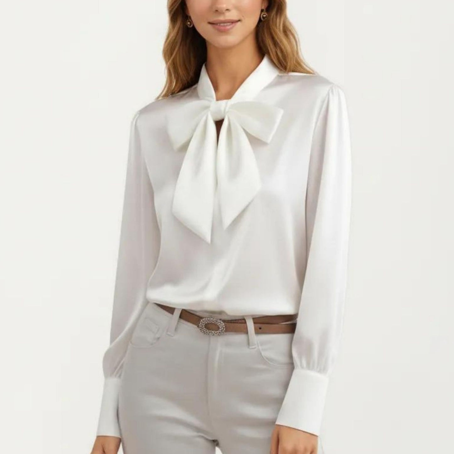 Satin Bow Neck Blouse with Long Puff Sleeves and Wide Cuffs